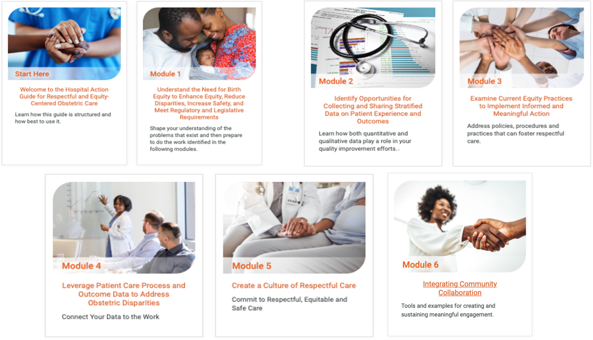 Screenshot of homepage of CMQCC's Hospital Action Guide for Respectful and Equity-Centered Obstetric Care